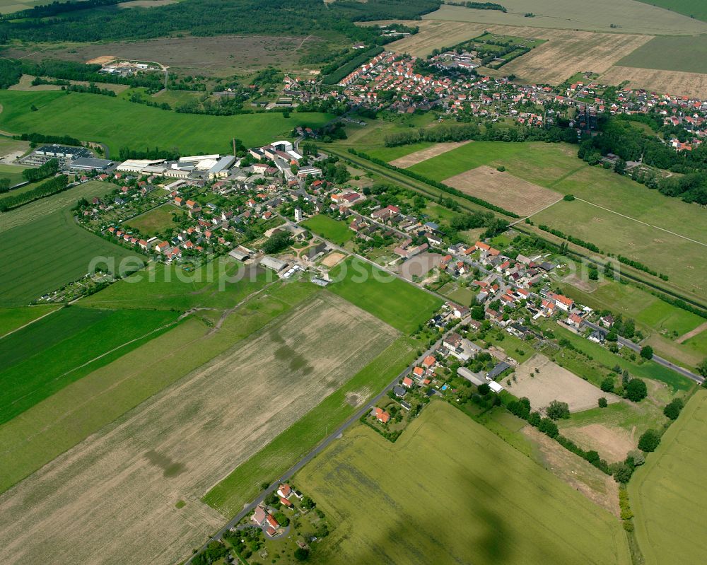 Aerial image Großraschütz - Agricultural land and field boundaries surround the settlement area of the village in Großraschütz in the state Saxony, Germany