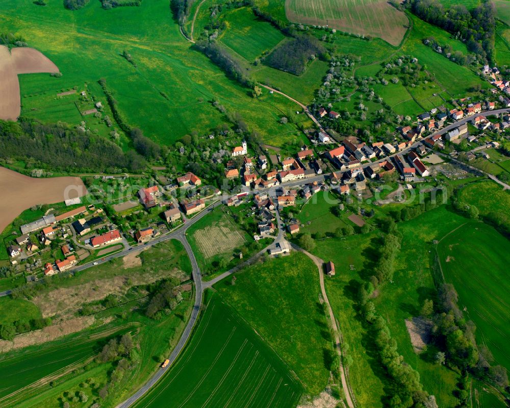 Großsaara from above - Agricultural land and field boundaries surround the settlement area of the village in Großsaara in the state Thuringia, Germany