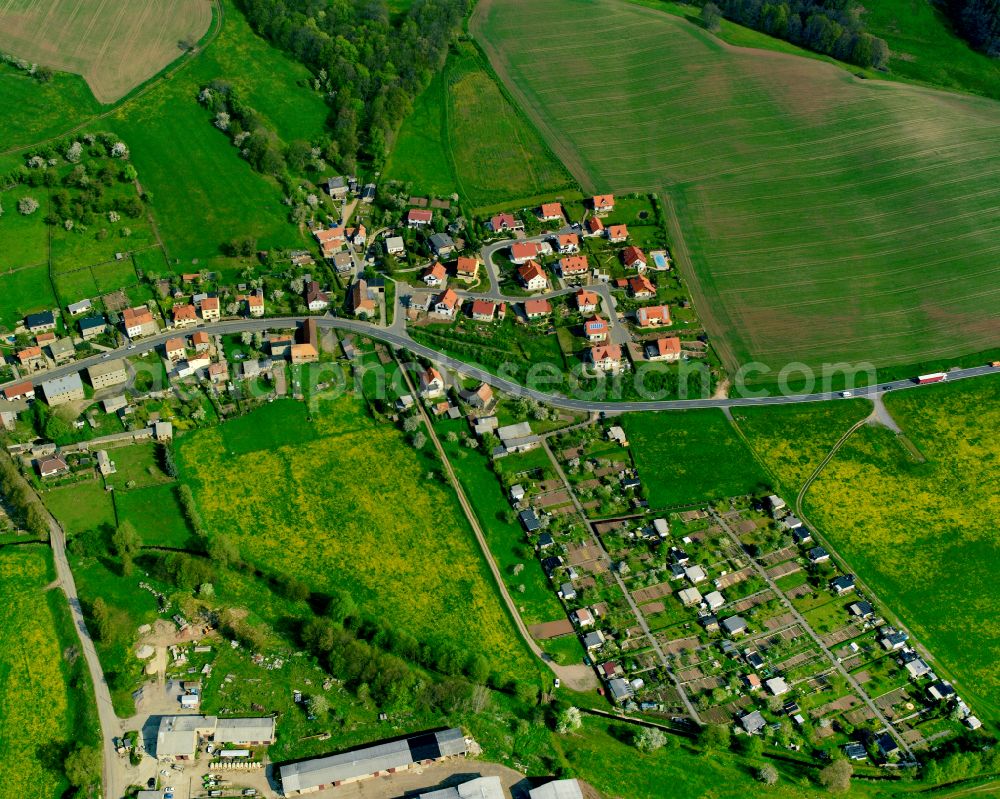 Großsaara from the bird's eye view: Agricultural land and field boundaries surround the settlement area of the village in Großsaara in the state Thuringia, Germany