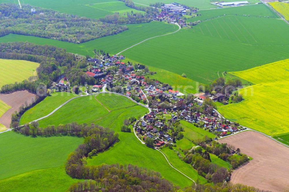 Grubschütz from the bird's eye view: Agricultural land and field boundaries surround the settlement area of the village in Grubschuetz in the state Saxony, Germany