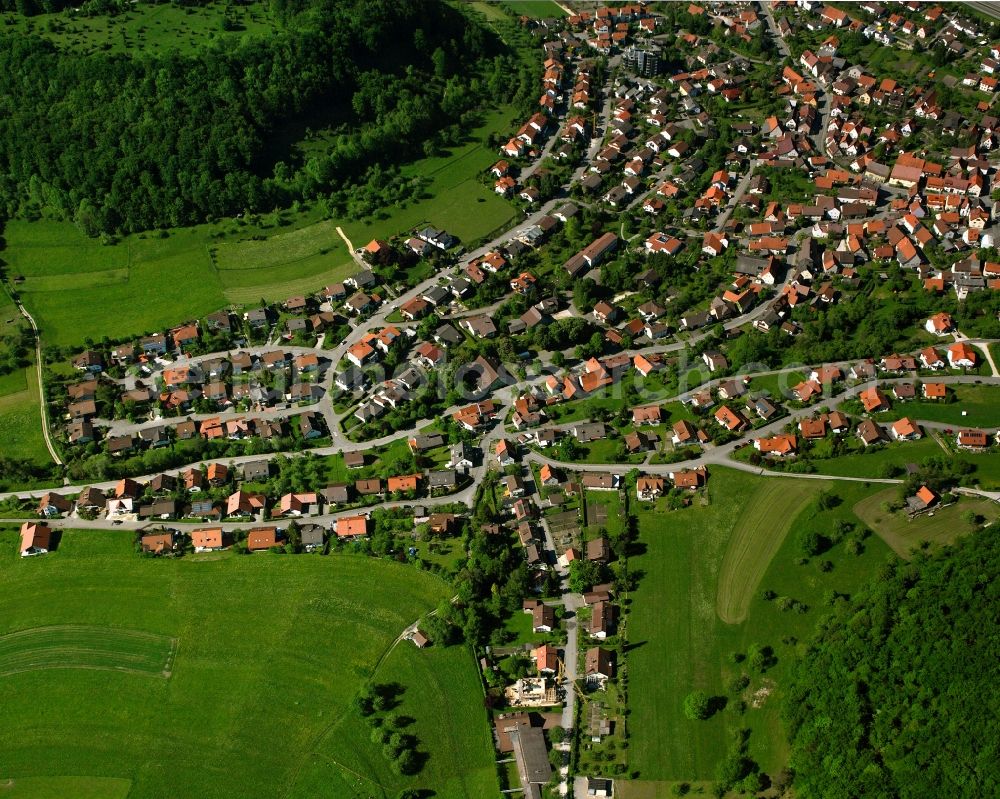 Aerial photograph Gruibingen - Agricultural land and field boundaries surround the settlement area of the village in Gruibingen in the state Baden-Wuerttemberg, Germany