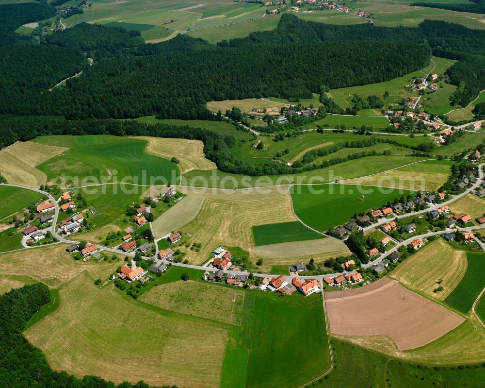 Görwihl from above - Agricultural land and field boundaries surround the settlement area of the village in Görwihl in the state Baden-Wuerttemberg, Germany