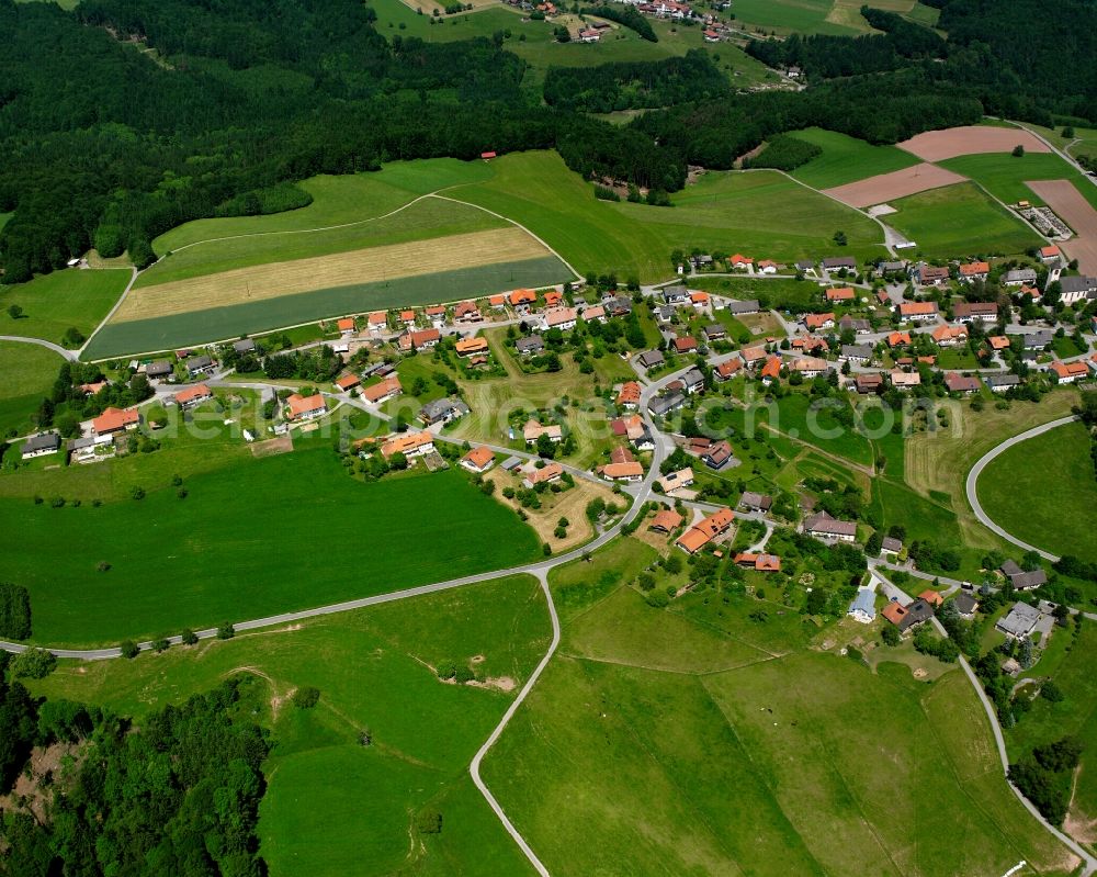 Görwihl from above - Agricultural land and field boundaries surround the settlement area of the village in Görwihl in the state Baden-Wuerttemberg, Germany