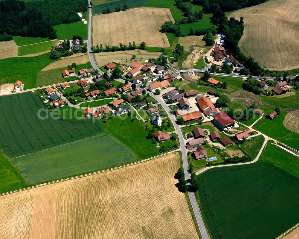 Gschwendt from above - Agricultural land and field boundaries surround the settlement area of the village in Gschwendt in the state Bavaria, Germany