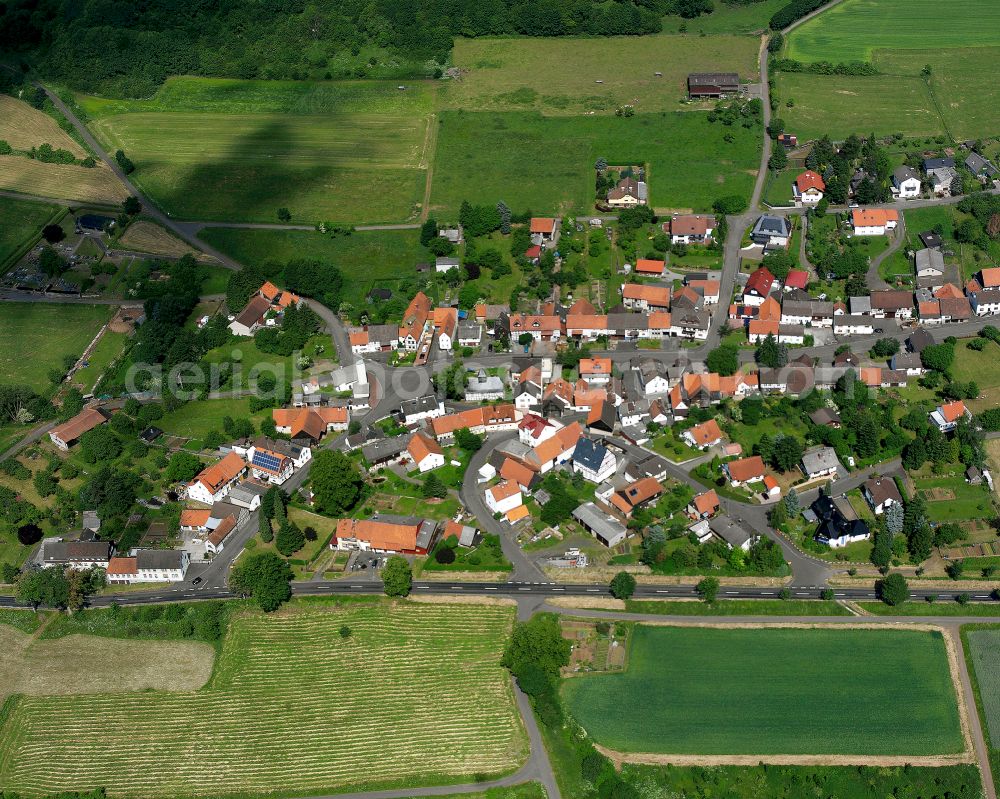 Aerial image Götzen - Agricultural land and field boundaries surround the settlement area of the village in Götzen in the state Hesse, Germany