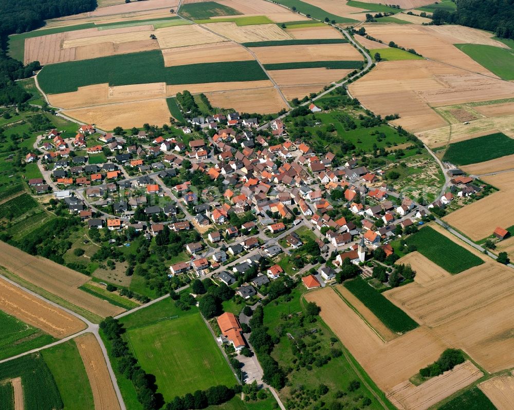 Aerial image Gundelsheim - Agricultural land and field boundaries surround the settlement area of the village in Gundelsheim in the state Baden-Wuerttemberg, Germany