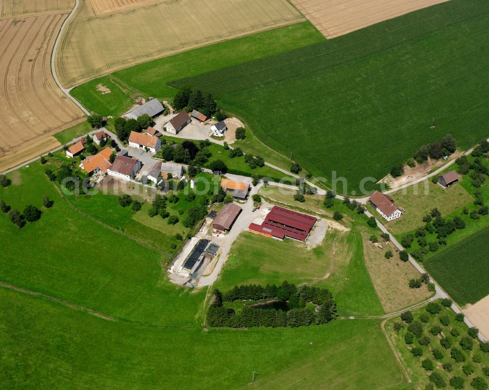 Gunzenhausen from above - Agricultural land and field boundaries surround the settlement area of the village in Gunzenhausen in the state Baden-Wuerttemberg, Germany