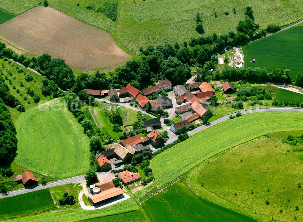 Gutenbacherhof from the bird's eye view: Agricultural land and field boundaries surround the settlement area of the village in Gutenbacherhof in the state Rhineland-Palatinate, Germany