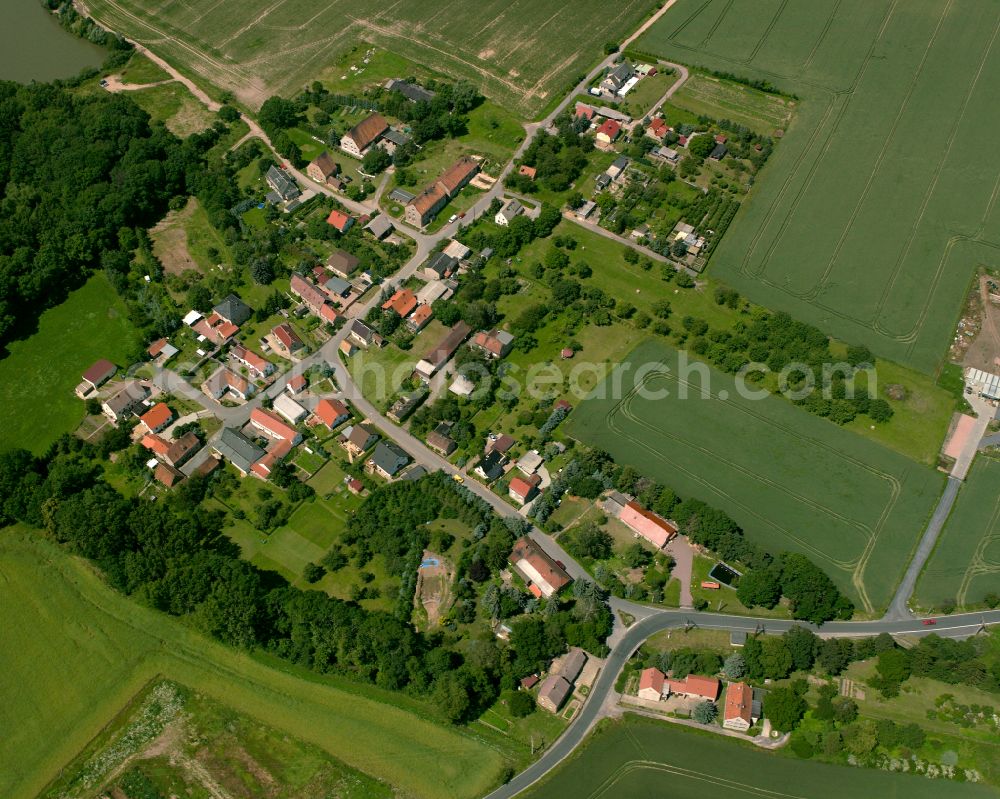 Hahnefeld from the bird's eye view: Agricultural land and field boundaries surround the settlement area of the village in Hahnefeld in the state Saxony, Germany