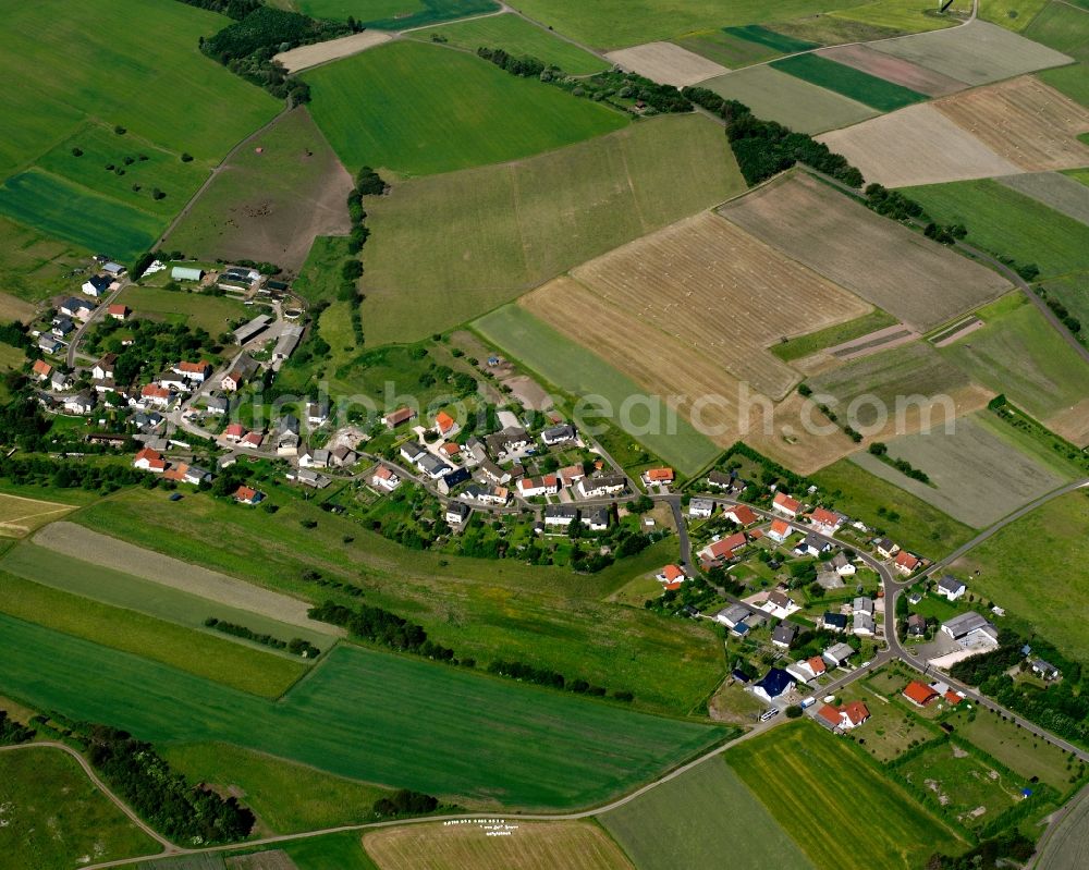 Hahnweiler from above - Agricultural land and field boundaries surround the settlement area of the village in Hahnweiler in the state Rhineland-Palatinate, Germany