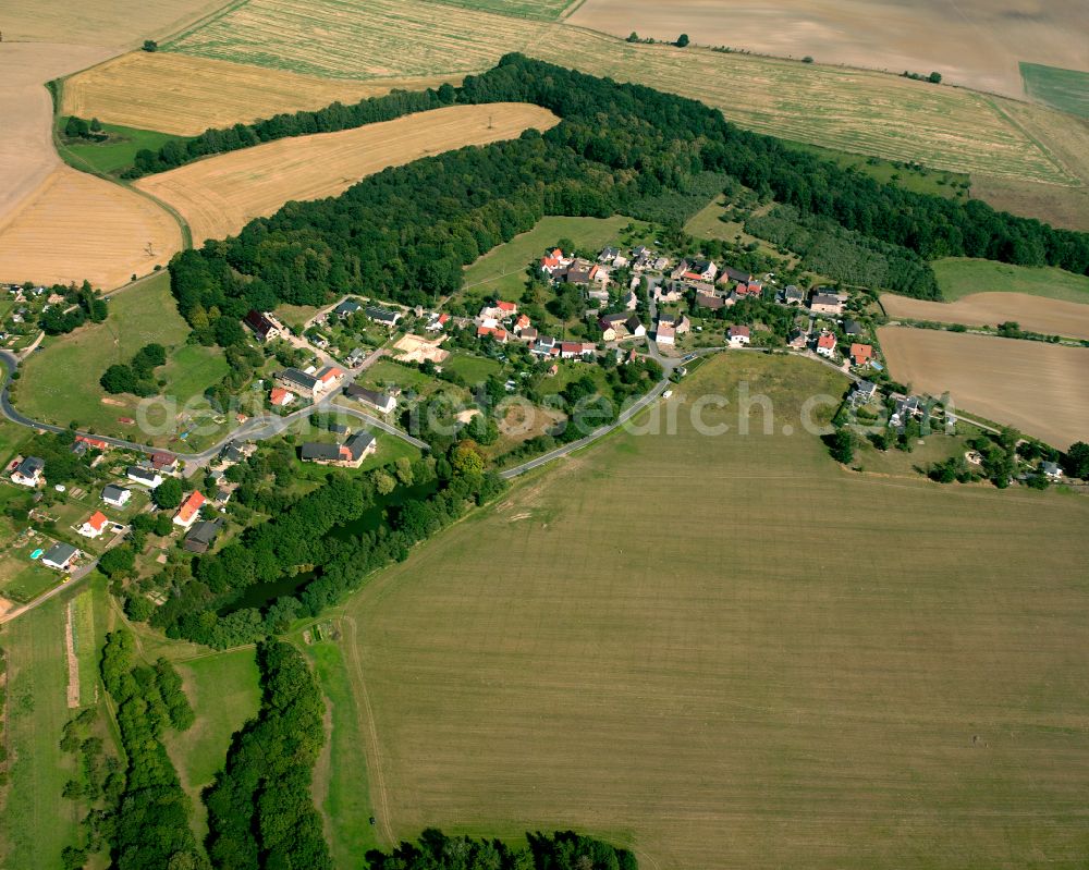 Aerial image Hain - Agricultural land and field boundaries surround the settlement area of the village in Hain in the state Thuringia, Germany