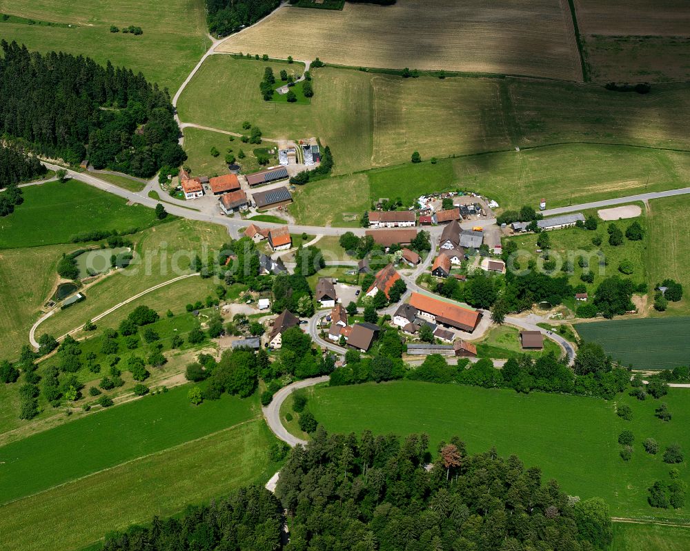 Aerial photograph Haiterbach - Agricultural land and field boundaries surround the settlement area of the village in Haiterbach in the state Baden-Wuerttemberg, Germany