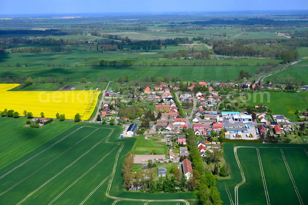 Hakenberg from the bird's eye view: Agricultural land and field boundaries surround the settlement area of the village in Hakenberg in the state Brandenburg, Germany