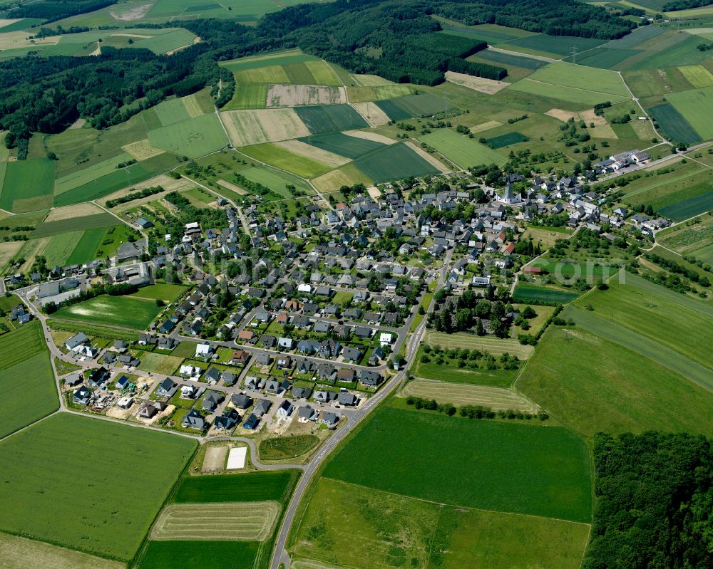 Halsenbach from above - Agricultural land and field boundaries surround the settlement area of the village in Halsenbach in the state Rhineland-Palatinate, Germany