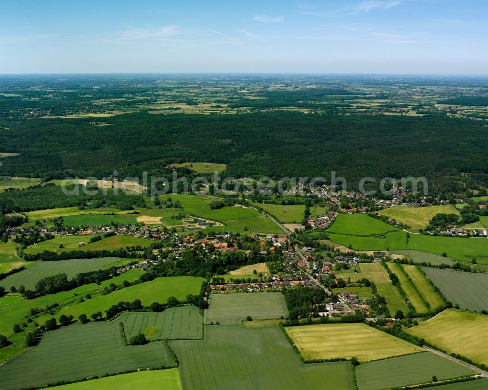 Hamfelde from above - Agricultural land and field boundaries surround the settlement area of the village in Hamfelde in the state Schleswig-Holstein, Germany