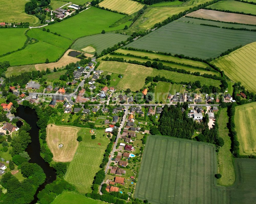 Hamfelde from the bird's eye view: Agricultural land and field boundaries surround the settlement area of the village in Hamfelde in the state Schleswig-Holstein, Germany