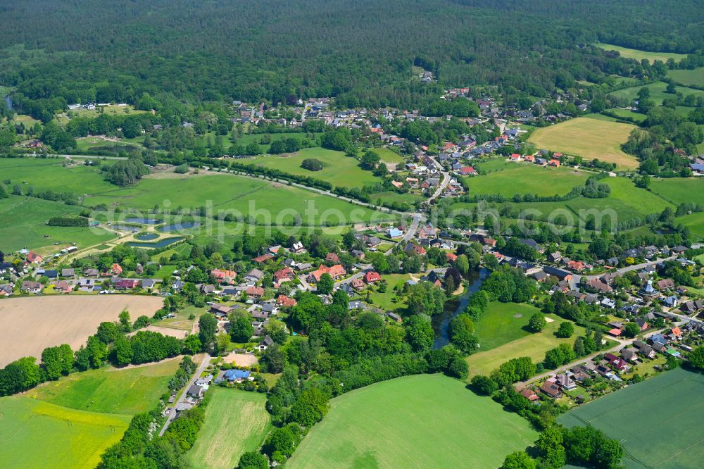 Aerial image Hamfelde - Agricultural land and field boundaries surround the settlement area of the village in Hamfelde in the state Schleswig-Holstein, Germany