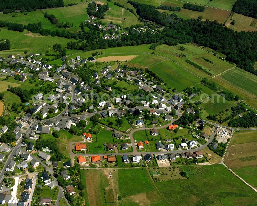 Aerial photograph Hammerbirkenfeld - Agricultural land and field boundaries surround the settlement area of the village in Hammerbirkenfeld in the state Rhineland-Palatinate, Germany