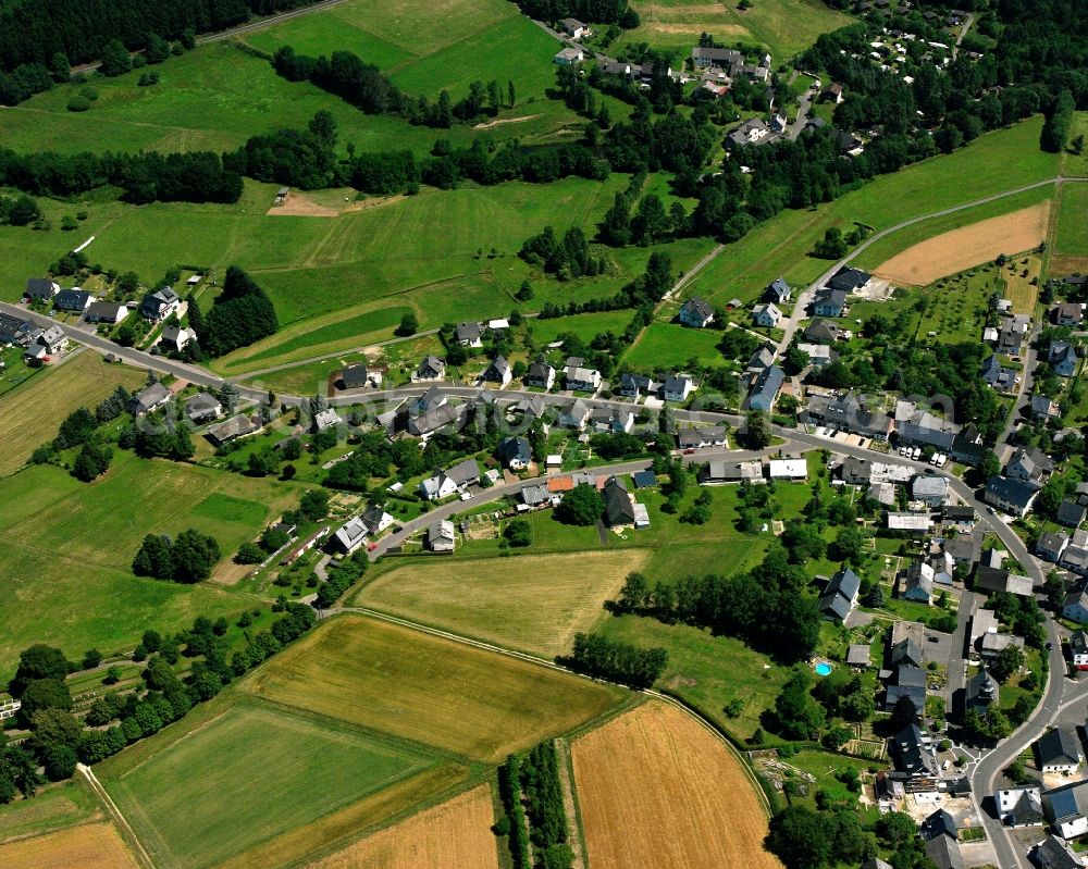 Hammerbirkenfeld from the bird's eye view: Agricultural land and field boundaries surround the settlement area of the village in Hammerbirkenfeld in the state Rhineland-Palatinate, Germany