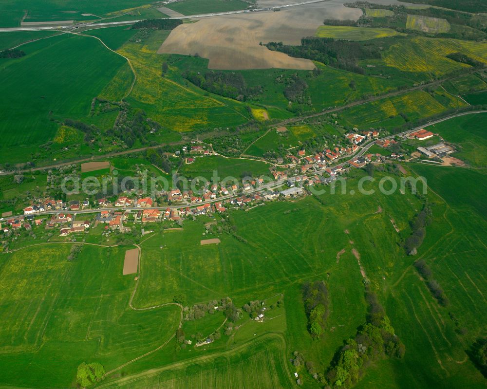 Harpersdorf from above - Agricultural land and field boundaries surround the settlement area of the village in Harpersdorf in the state Thuringia, Germany