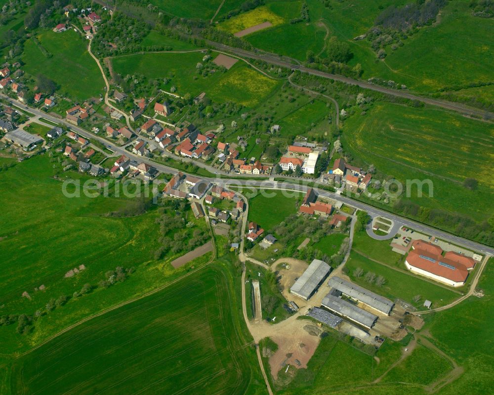 Aerial image Harpersdorf - Agricultural land and field boundaries surround the settlement area of the village in Harpersdorf in the state Thuringia, Germany