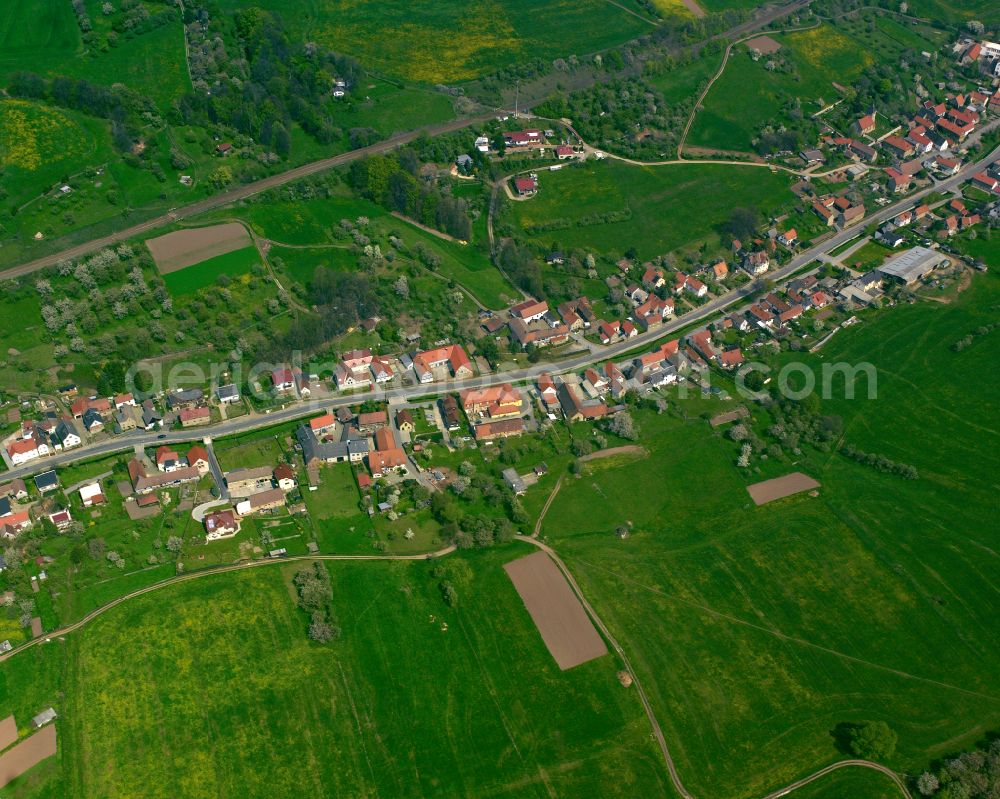 Aerial photograph Harpersdorf - Agricultural land and field boundaries surround the settlement area of the village in Harpersdorf in the state Thuringia, Germany