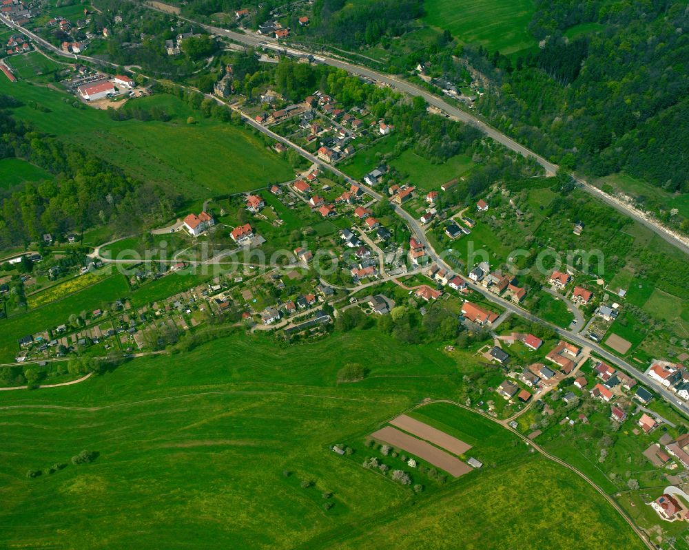 Harpersdorf from above - Agricultural land and field boundaries surround the settlement area of the village in Harpersdorf in the state Thuringia, Germany