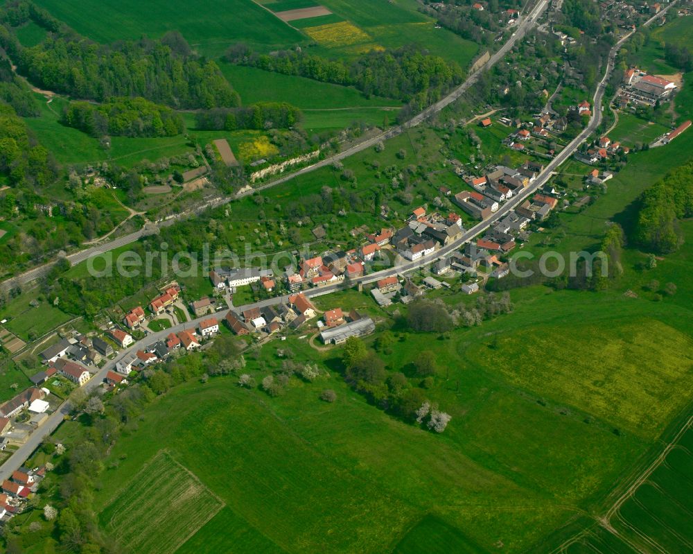 Aerial image Harpersdorf - Agricultural land and field boundaries surround the settlement area of the village in Harpersdorf in the state Thuringia, Germany