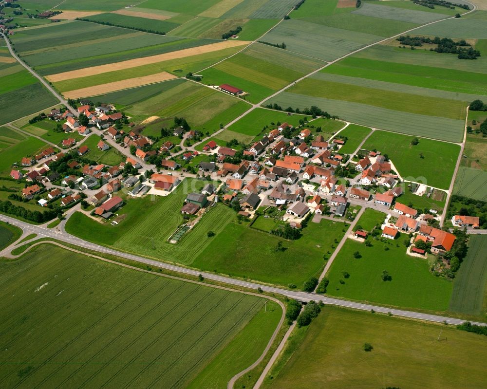 Aerial photograph Harthausen - Agricultural land and field boundaries surround the settlement area of the village in Harthausen in the state Baden-Wuerttemberg, Germany