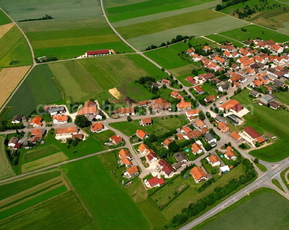 Harthausen from the bird's eye view: Agricultural land and field boundaries surround the settlement area of the village in Harthausen in the state Baden-Wuerttemberg, Germany