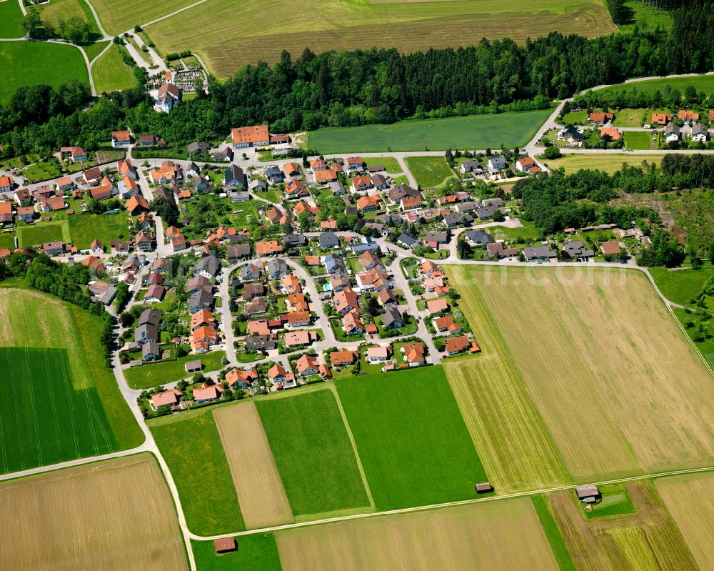 Haslach from above - Agricultural land and field boundaries surround the settlement area of the village in Haslach in the state Baden-Wuerttemberg, Germany