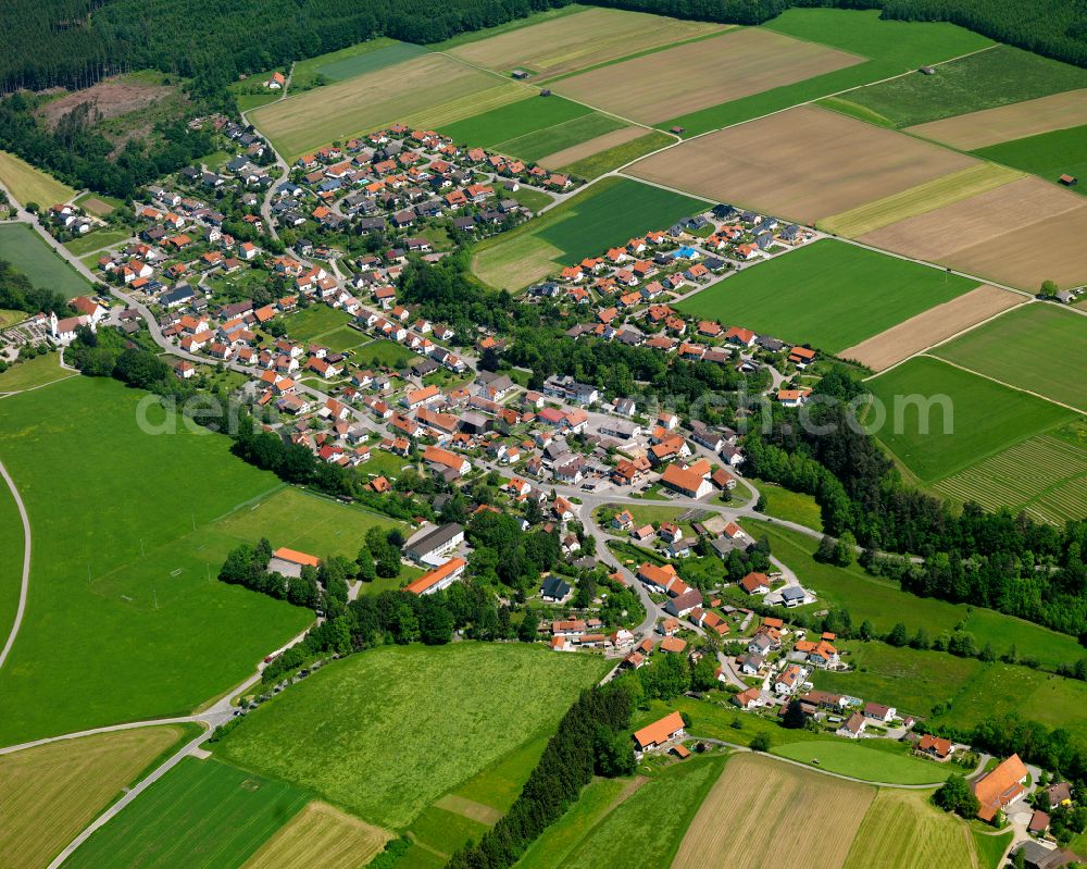 Haslach from above - Agricultural land and field boundaries surround the settlement area of the village in Haslach in the state Baden-Wuerttemberg, Germany