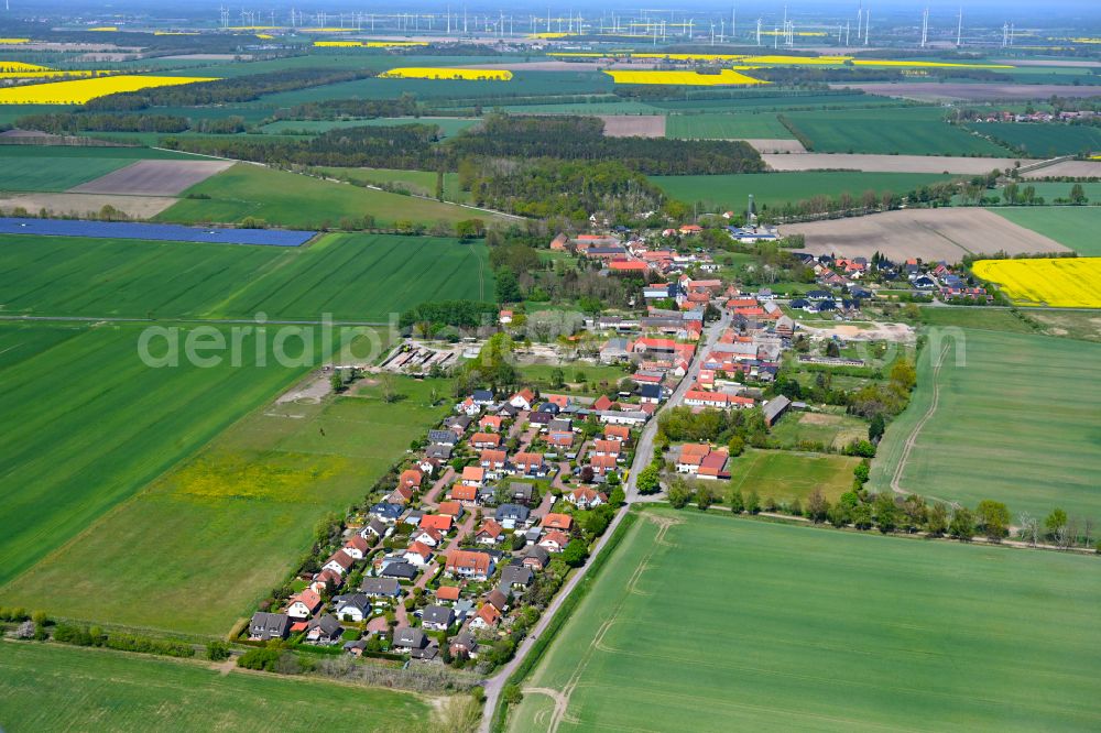 Hassel from above - Agricultural land and field boundaries surround the settlement area of the village in Hassel in the state Saxony-Anhalt, Germany