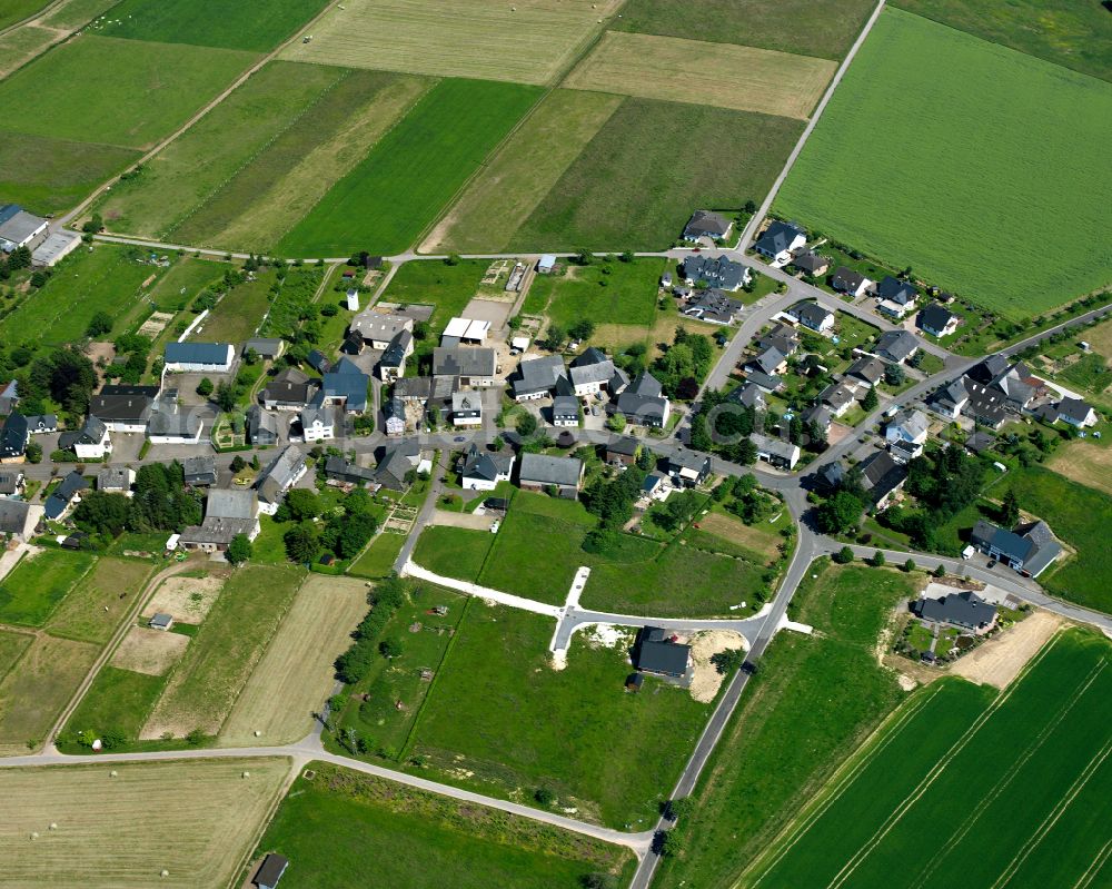 Hasselbach from above - Agricultural land and field boundaries surround the settlement area of the village in Hasselbach in the state Rhineland-Palatinate, Germany