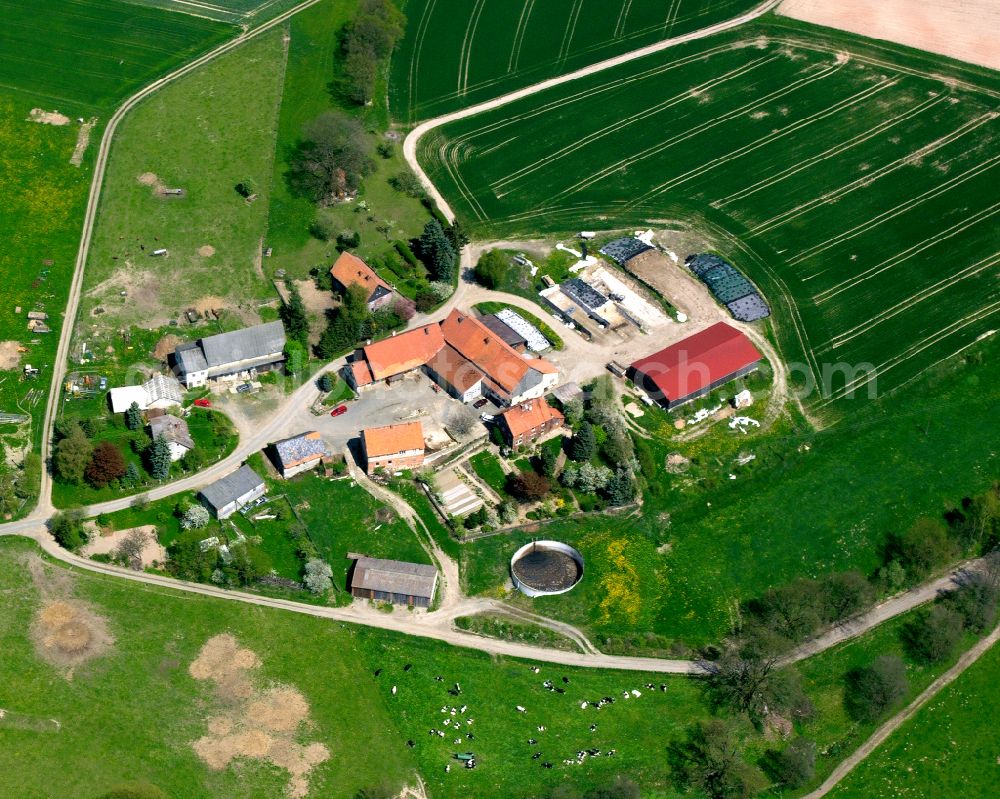 Hattendorf from the bird's eye view: Agricultural land and field boundaries surround the settlement area of the village in Hattendorf in the state Hesse, Germany