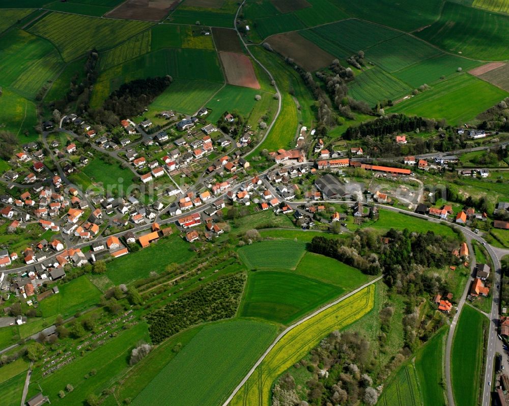 Aerial photograph Hatterode - Agricultural land and field boundaries surround the settlement area of the village in Hatterode in the state Hesse, Germany