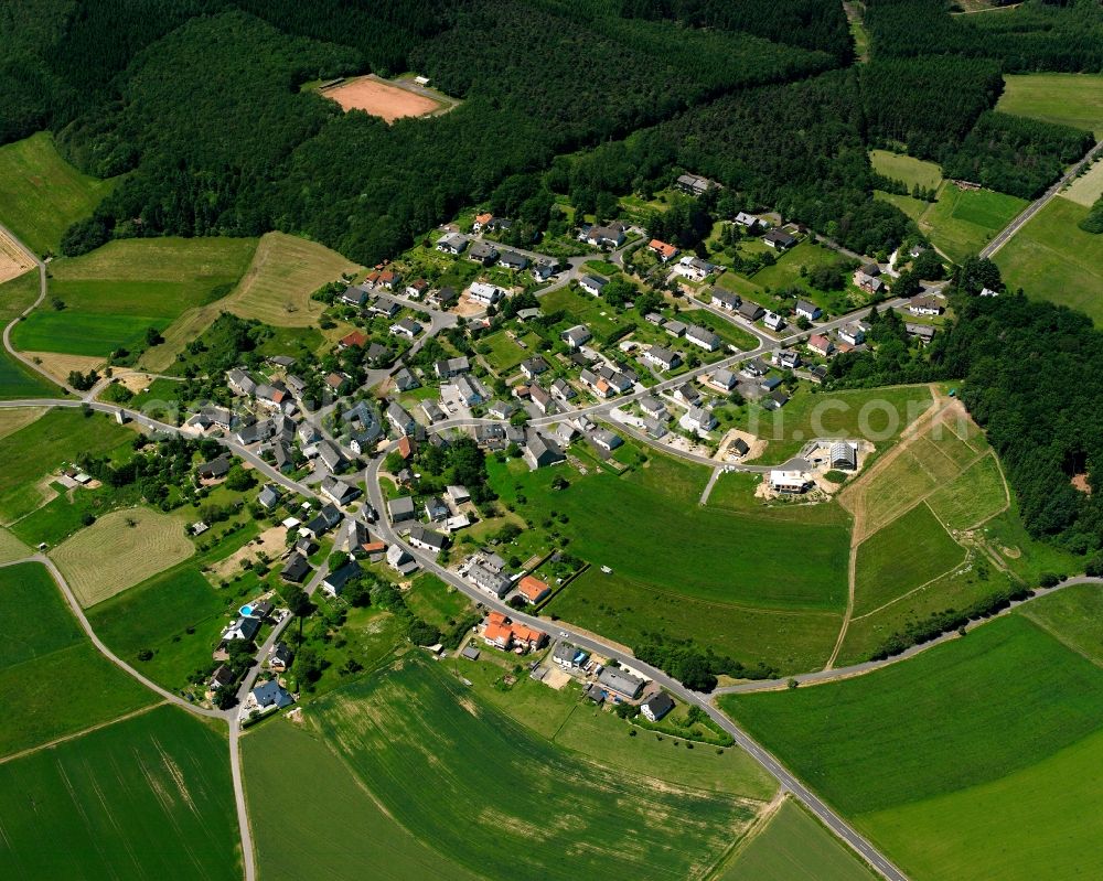 Hattgenstein from above - Agricultural land and field boundaries surround the settlement area of the village in Hattgenstein in the state Rhineland-Palatinate, Germany