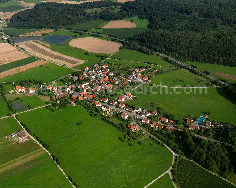 Haundorf from the bird's eye view: Agricultural land and field boundaries surround the settlement area of the village in Haundorf in the state Bavaria, Germany