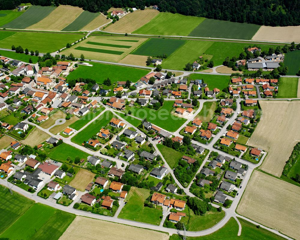 Haunreit from the bird's eye view: Agricultural land and field boundaries surround the settlement area of the village in Haunreit in the state Bavaria, Germany