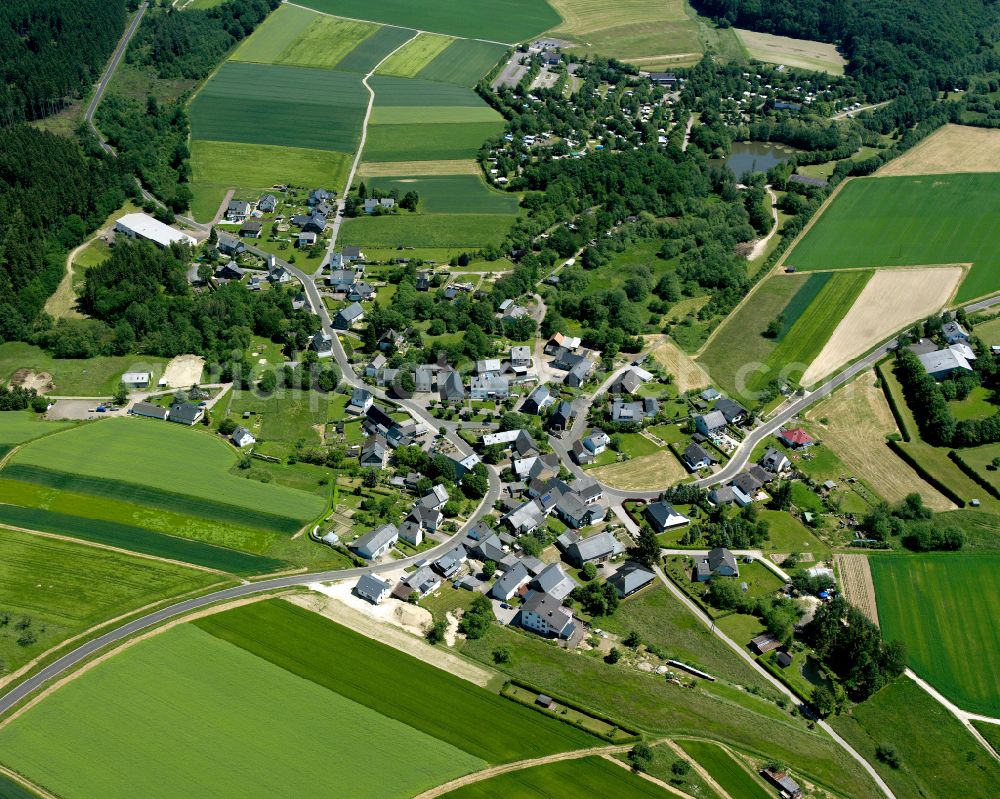 Aerial photograph Hausbay - Agricultural land and field boundaries surround the settlement area of the village in Hausbay in the state Rhineland-Palatinate, Germany