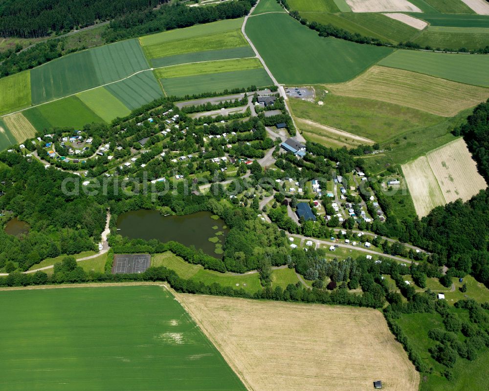 Hausbay from the bird's eye view: Agricultural land and field boundaries surround the settlement area of the village in Hausbay in the state Rhineland-Palatinate, Germany