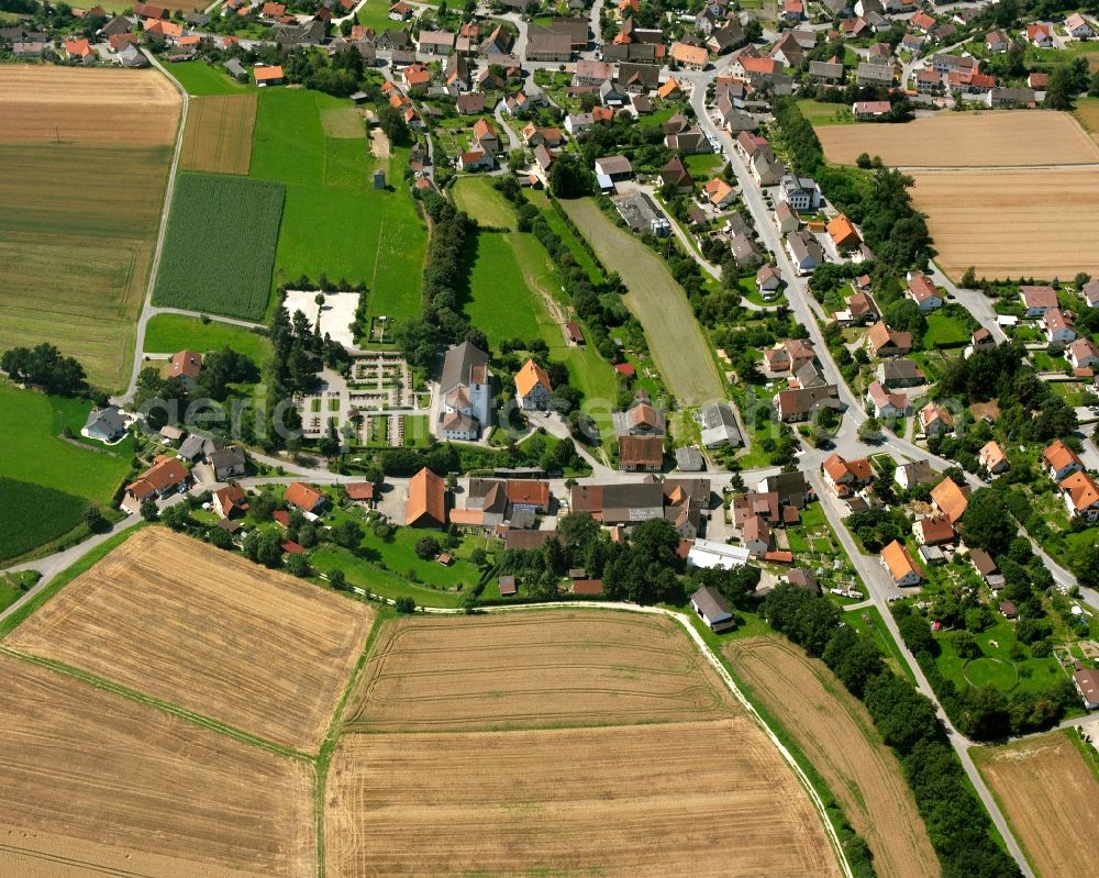 Hausen am Andelsbach from above - Agricultural land and field boundaries surround the settlement area of the village in Hausen am Andelsbach in the state Baden-Wuerttemberg, Germany