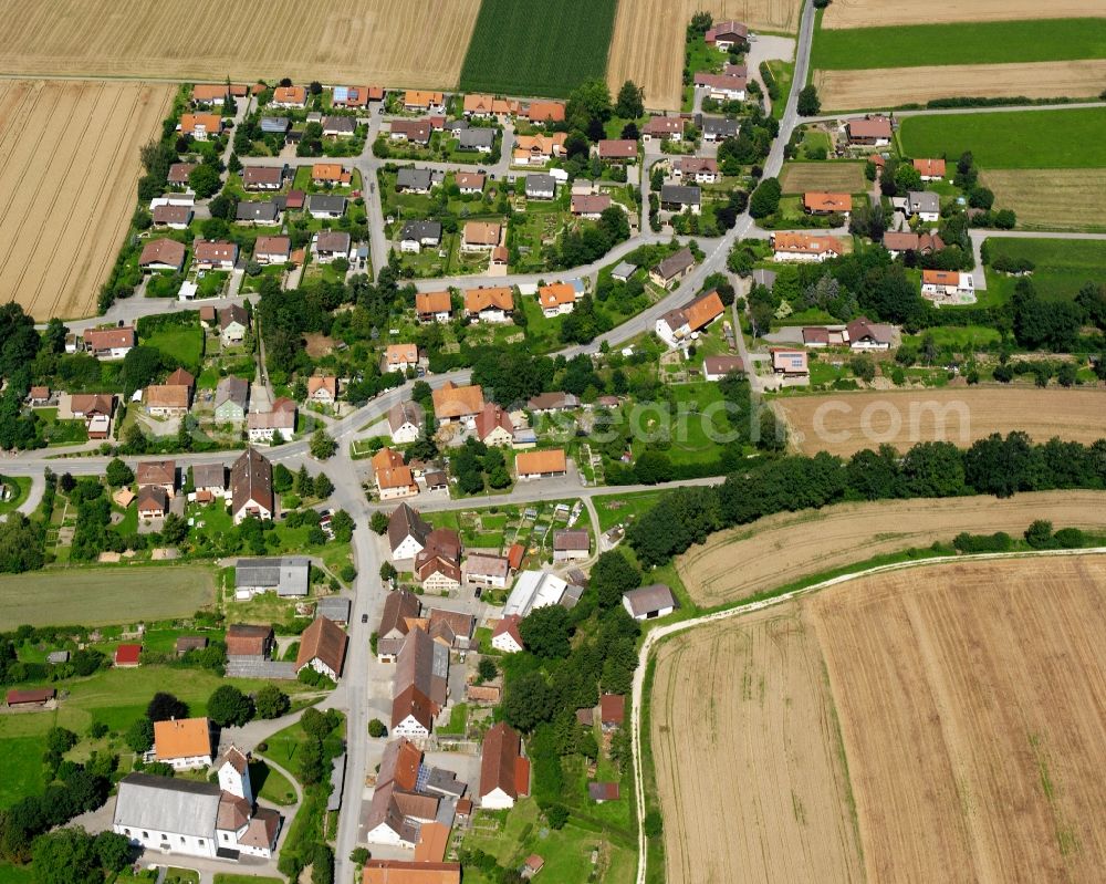 Hausen am Andelsbach from the bird's eye view: Agricultural land and field boundaries surround the settlement area of the village in Hausen am Andelsbach in the state Baden-Wuerttemberg, Germany