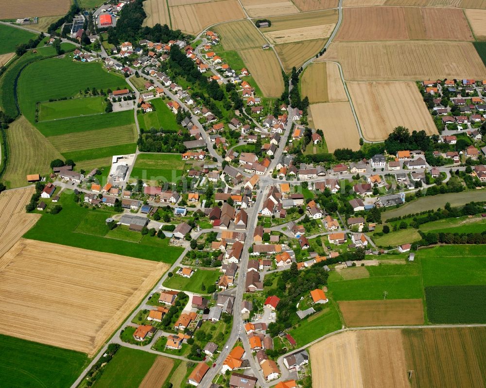 Hausen am Andelsbach from above - Agricultural land and field boundaries surround the settlement area of the village in Hausen am Andelsbach in the state Baden-Wuerttemberg, Germany