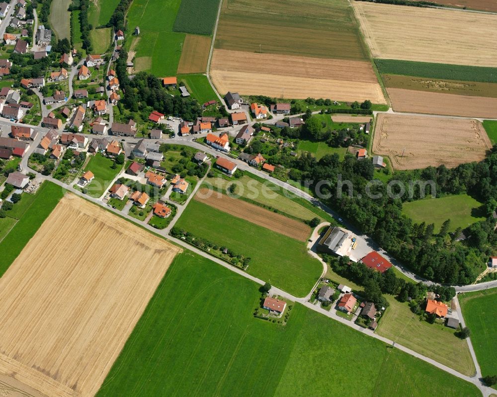 Hausen am Andelsbach from the bird's eye view: Agricultural land and field boundaries surround the settlement area of the village in Hausen am Andelsbach in the state Baden-Wuerttemberg, Germany