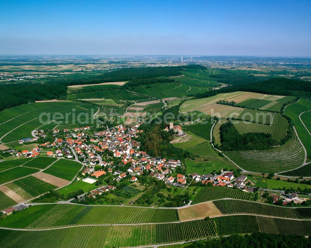 Hausen from the bird's eye view: Agricultural land and field boundaries surround the settlement area of the village in Hausen in the state Baden-Wuerttemberg, Germany