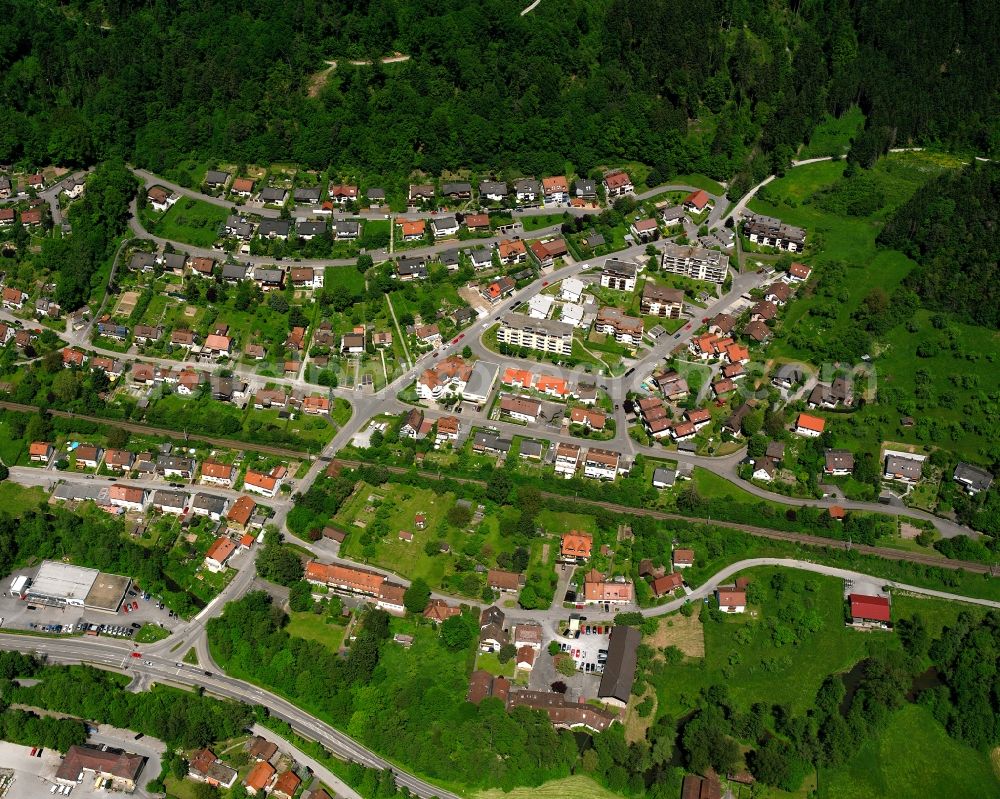 Hausen from above - Agricultural land and field boundaries surround the settlement area of the village in Hausen in the state Baden-Wuerttemberg, Germany