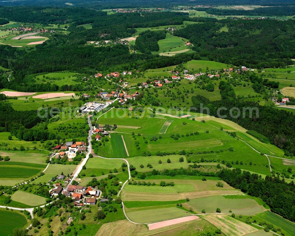 Aerial photograph Hausen - Agricultural land and field boundaries surround the settlement area of the village in Hausen in the state Baden-Wuerttemberg, Germany