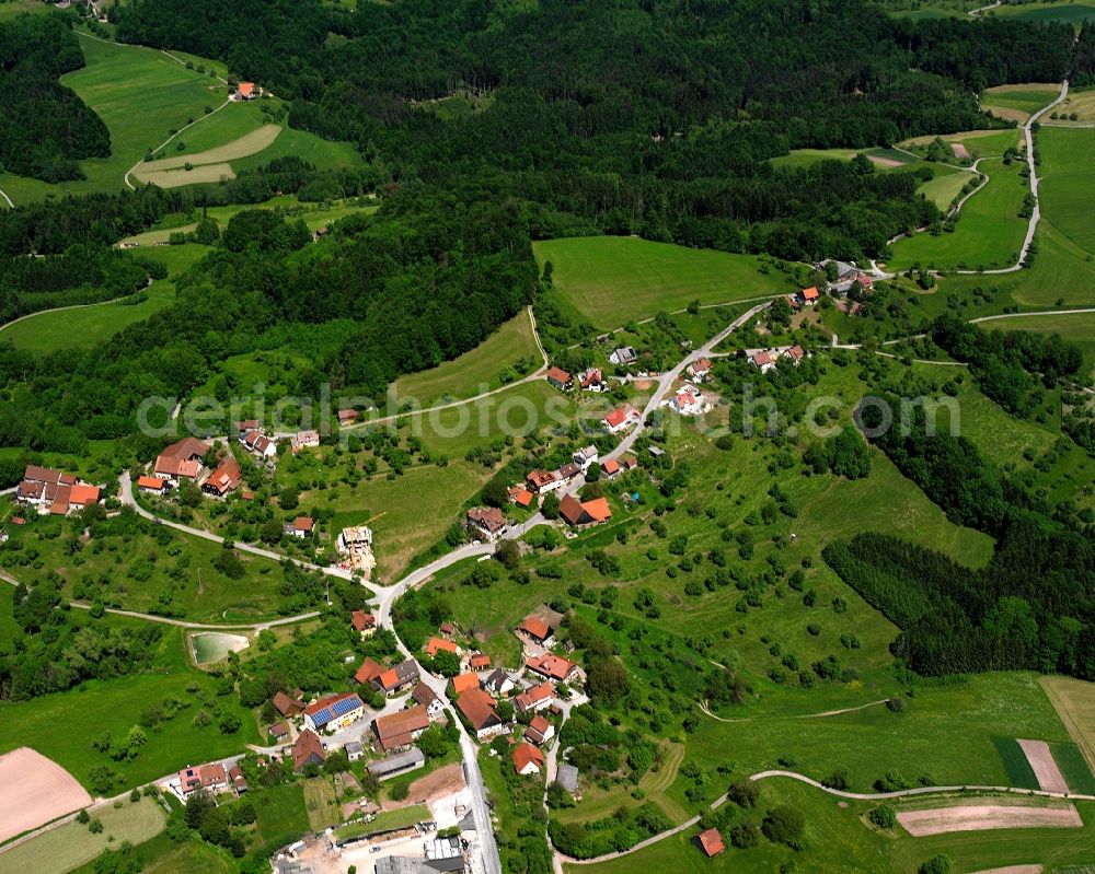 Aerial photograph Hausen - Agricultural land and field boundaries surround the settlement area of the village in Hausen in the state Baden-Wuerttemberg, Germany