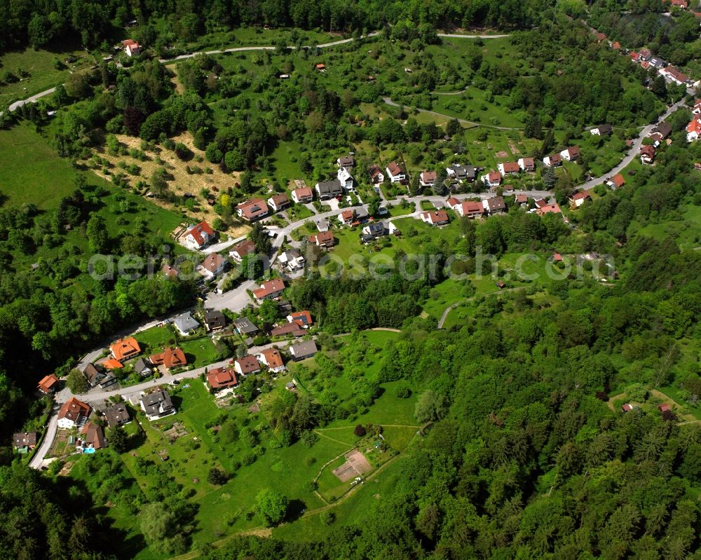 Hausen from above - Agricultural land and field boundaries surround the settlement area of the village in Hausen in the state Baden-Wuerttemberg, Germany